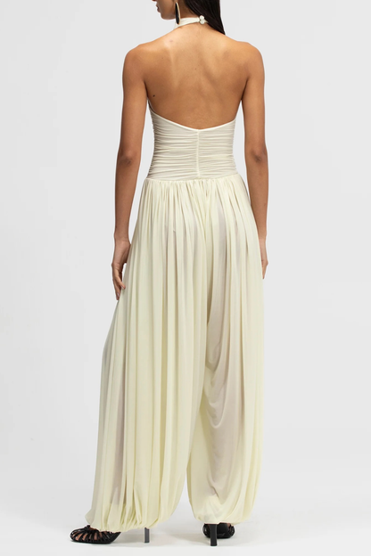 Claudette Halter Ruched Jumpsuit - White