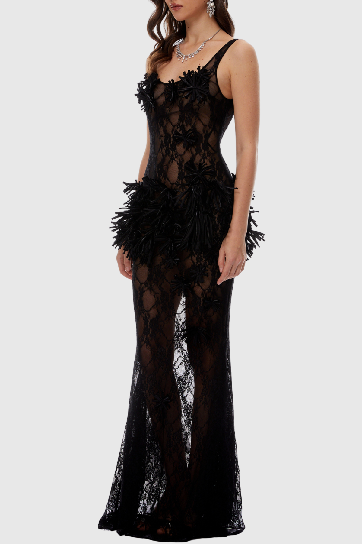 Clemena Floral Appliqué Lace Maxi Dress - Black