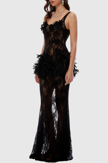 Clemena Floral Appliqué Lace Maxi Dress - Black
