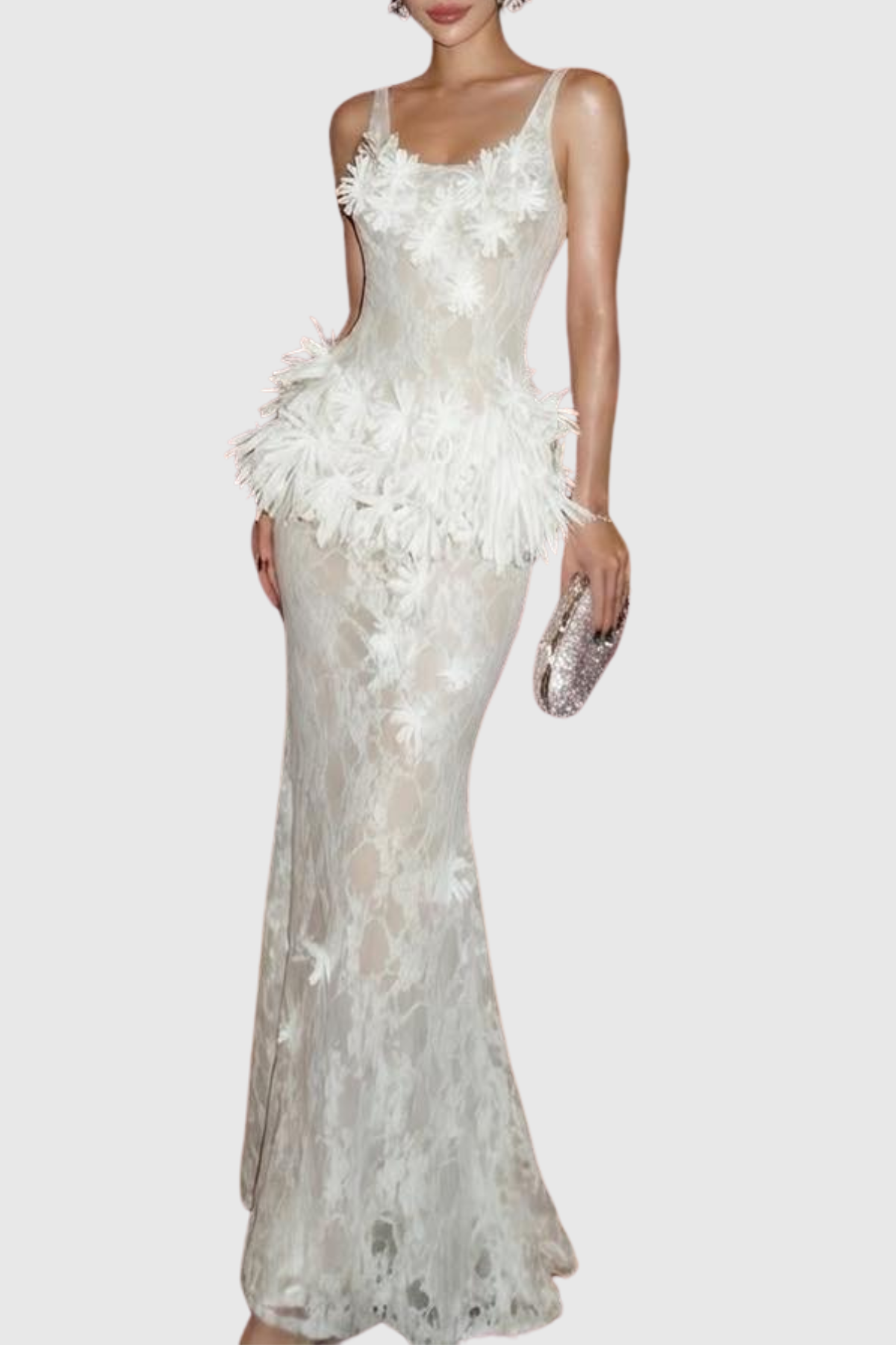 Clemena Floral Appliqué Lace Maxi Dress - White
