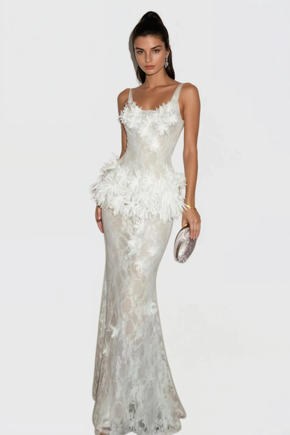 Clemena Floral Appliqué Lace Maxi Dress - White