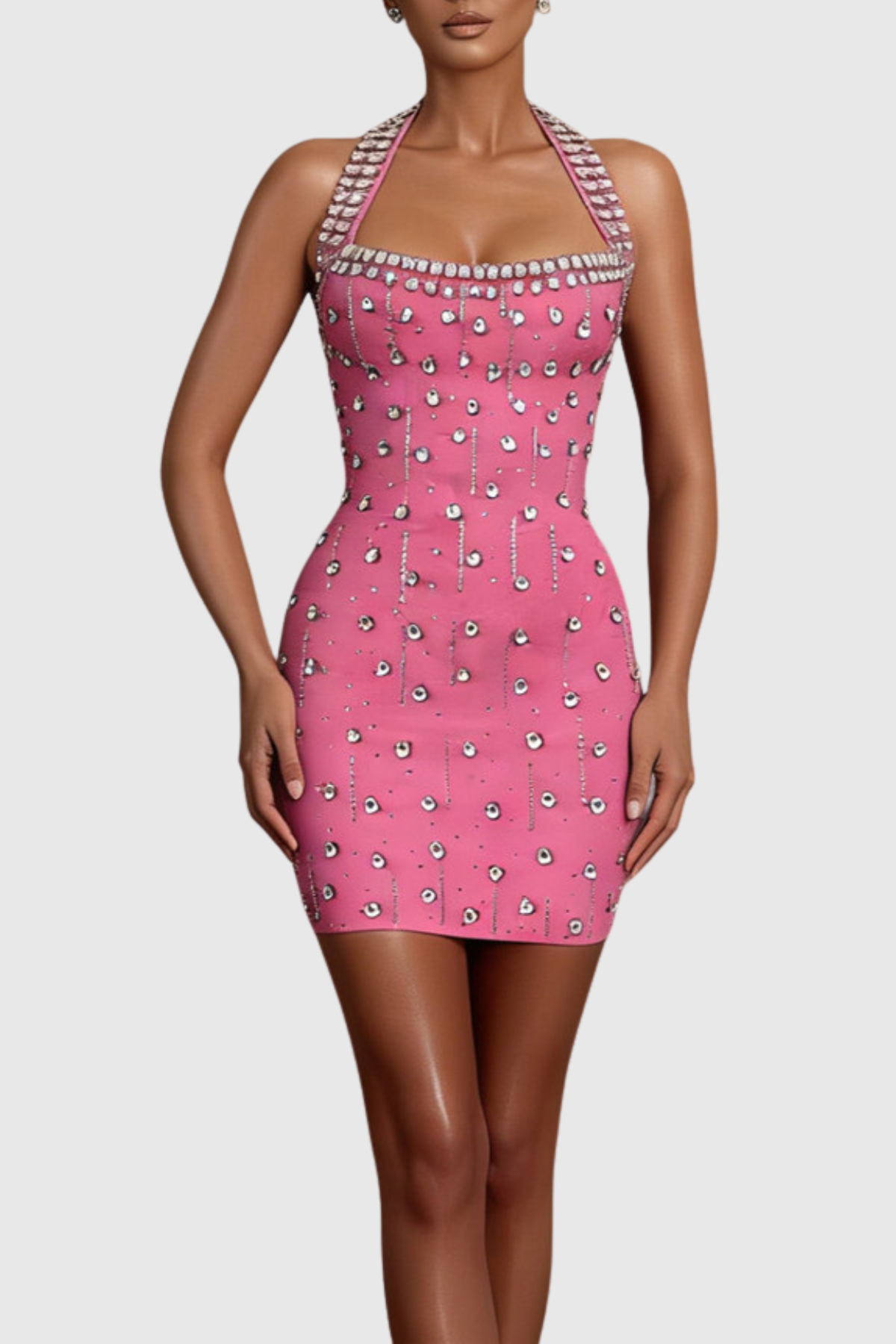 Cleopat Halter Crystal Mini Bandage Dress - Pink