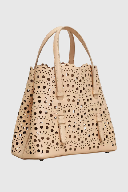 Clotila Lace Laser-cut Leather Tote Bag - Beige