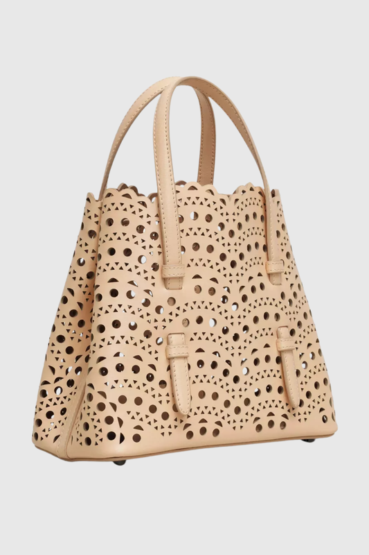 Clotila Lace Laser-cut Leather Tote Bag - Beige