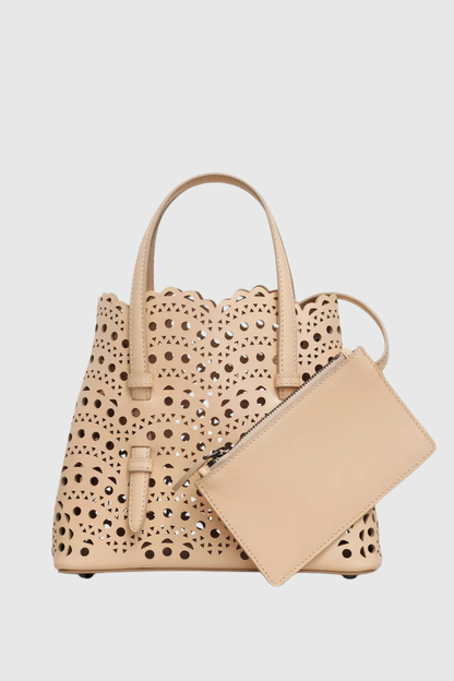 Clotila Lace Laser-cut Leather Tote Bag - Beige