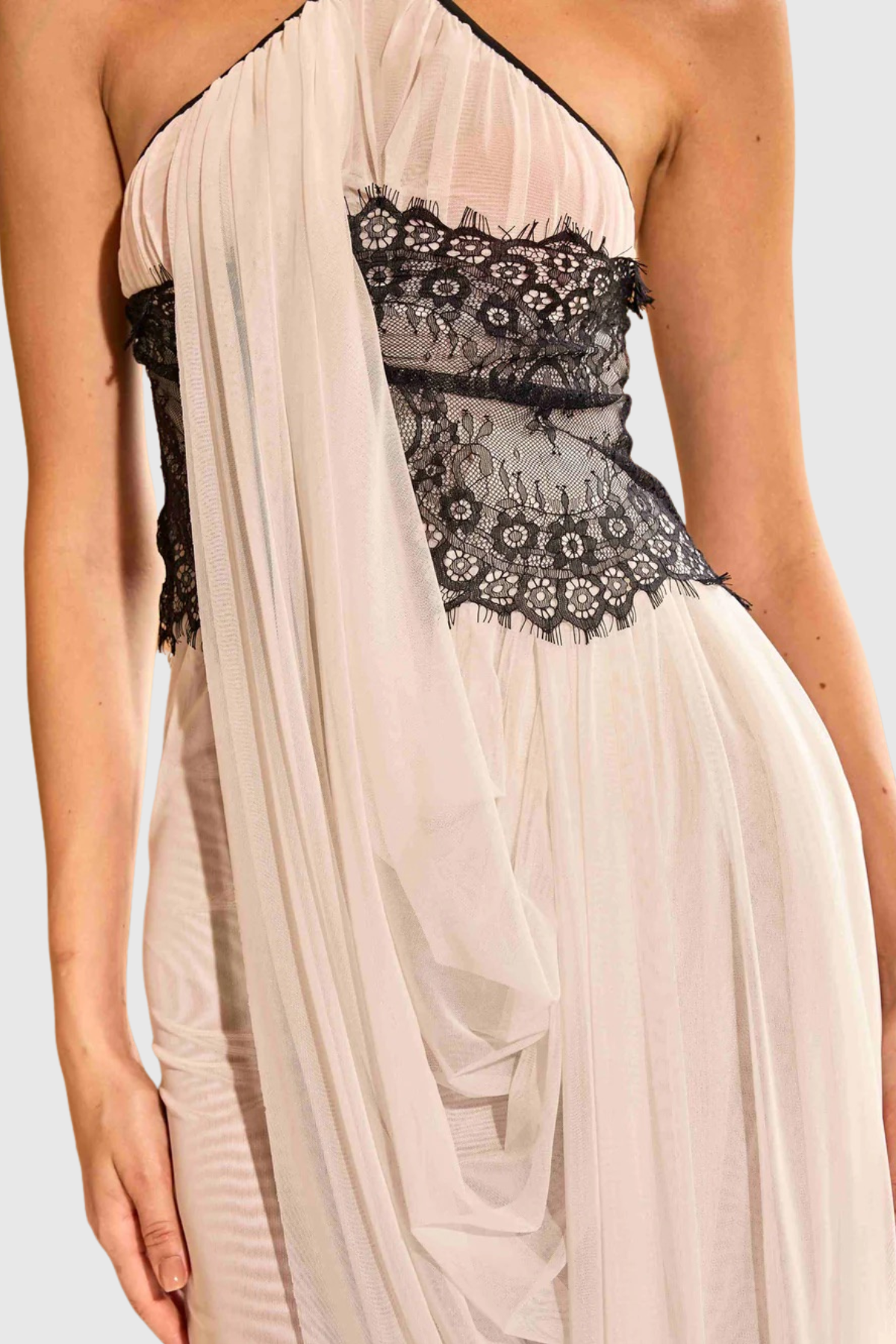 Clysa Halter Lace Draped Maxi Dress