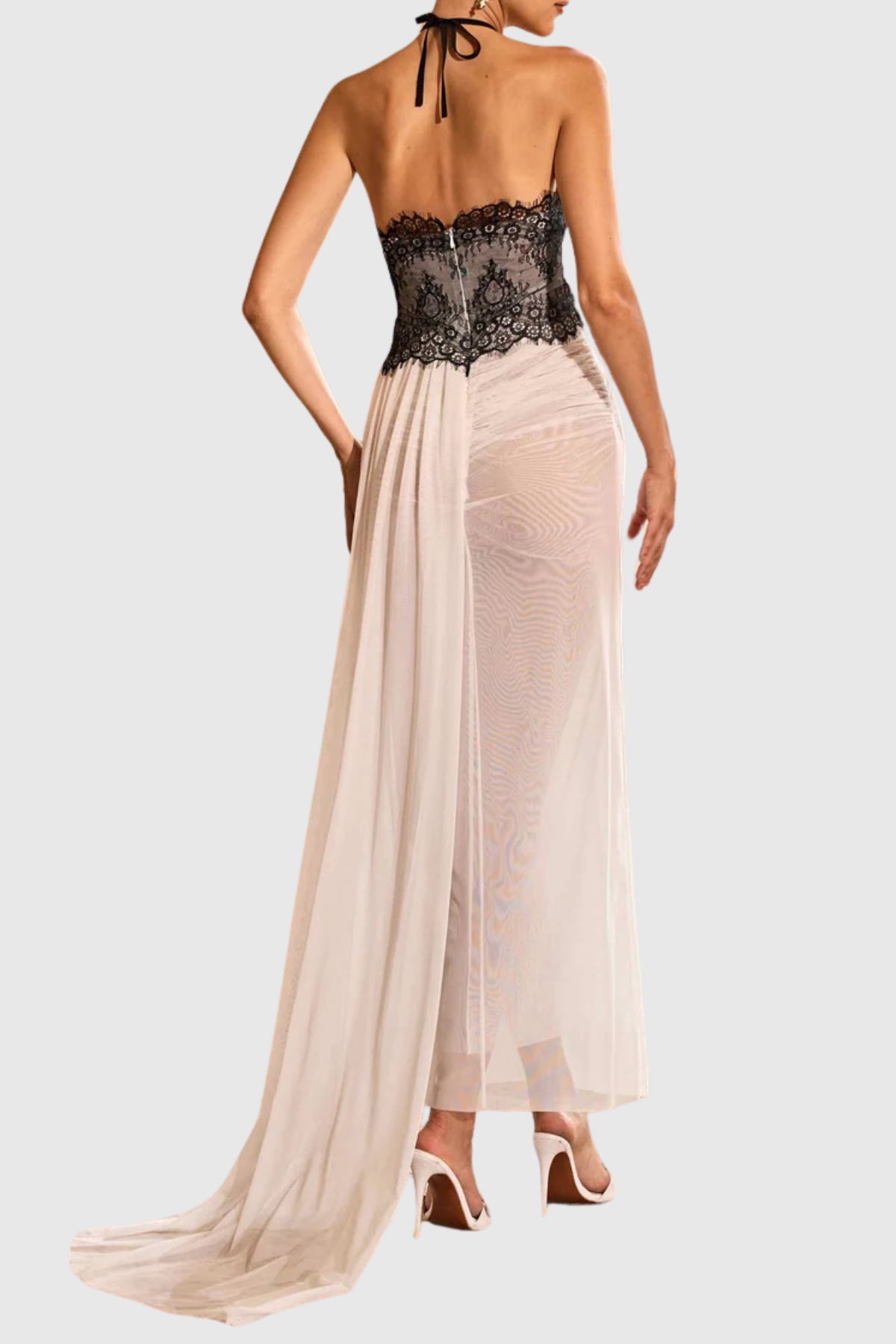 Clysa Halter Lace Draped Maxi Dress