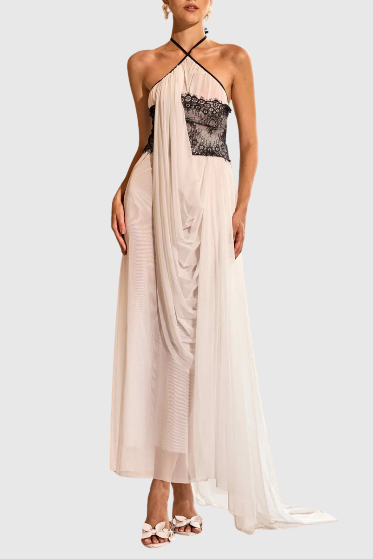 Clysa Halter Lace Draped Maxi Dress