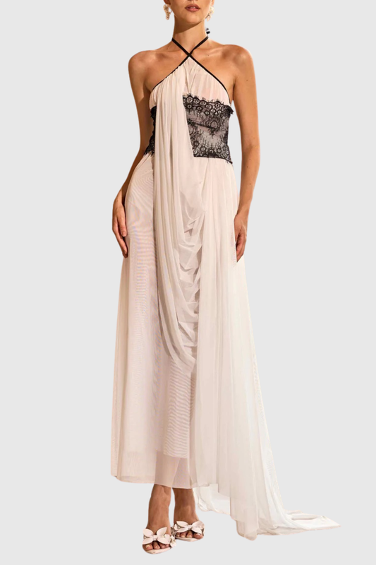 Clysa Halter Lace Draped Maxi Dress