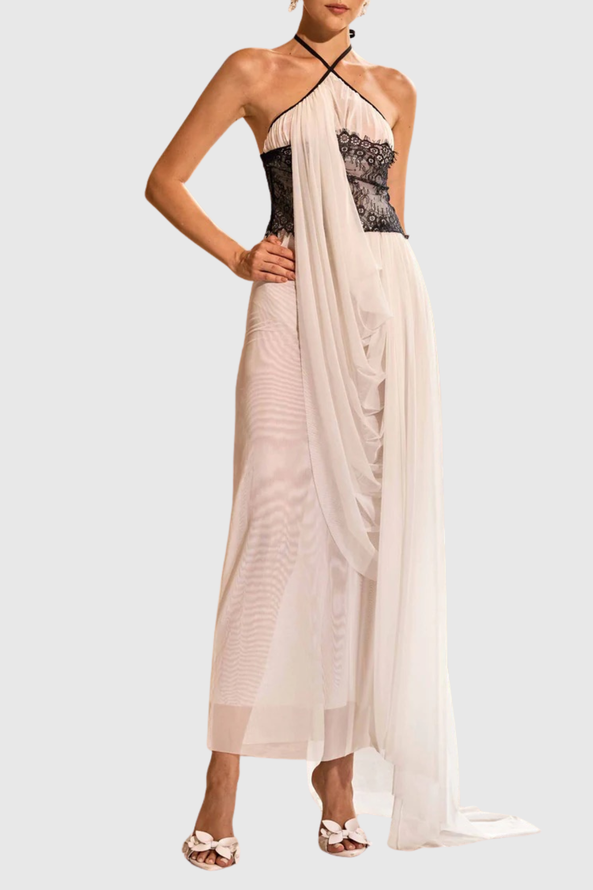 Clysa Halter Lace Draped Maxi Dress