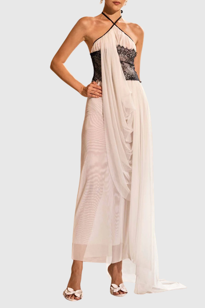 Clysa Halter Lace Draped Maxi Dress