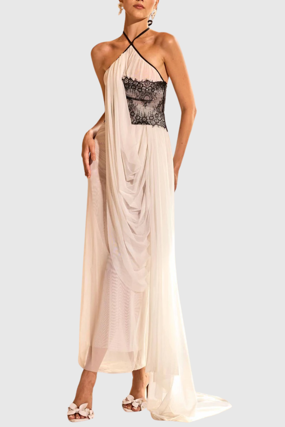 Clysa Halter Lace Draped Maxi Dress