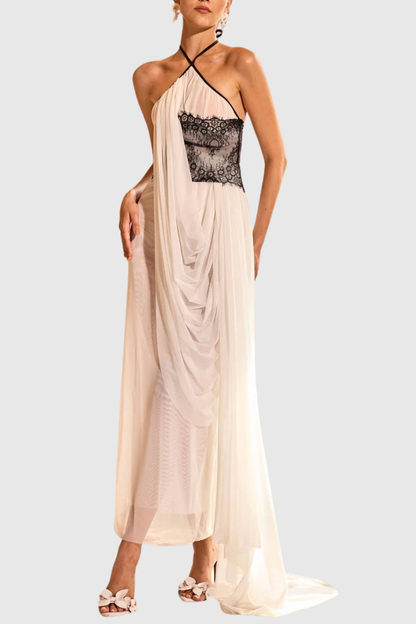 Clysa Halter Lace Draped Maxi Dress