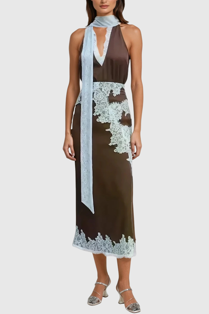 Coise Lace Halter Top & Midi Skirt Set - Blue