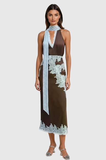 Coise Lace Halter Top & Midi Skirt Set - Blue