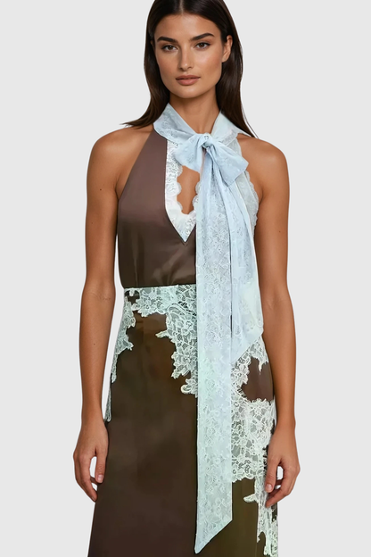 Coise Lace Halter Top & Midi Skirt Set - Blue
