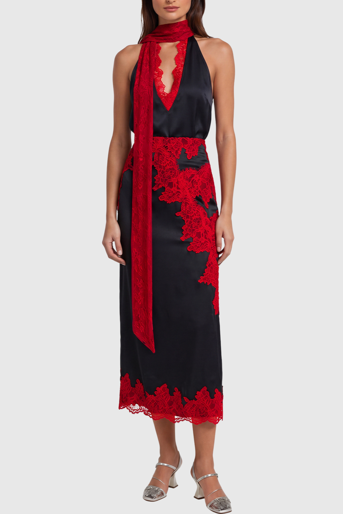 Coise Lace Halter Top & Midi Skirt Set - Red