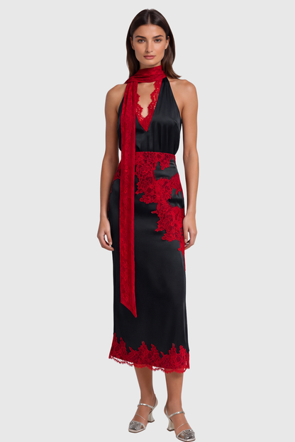 Coise Lace Halter Top & Midi Skirt Set - Red