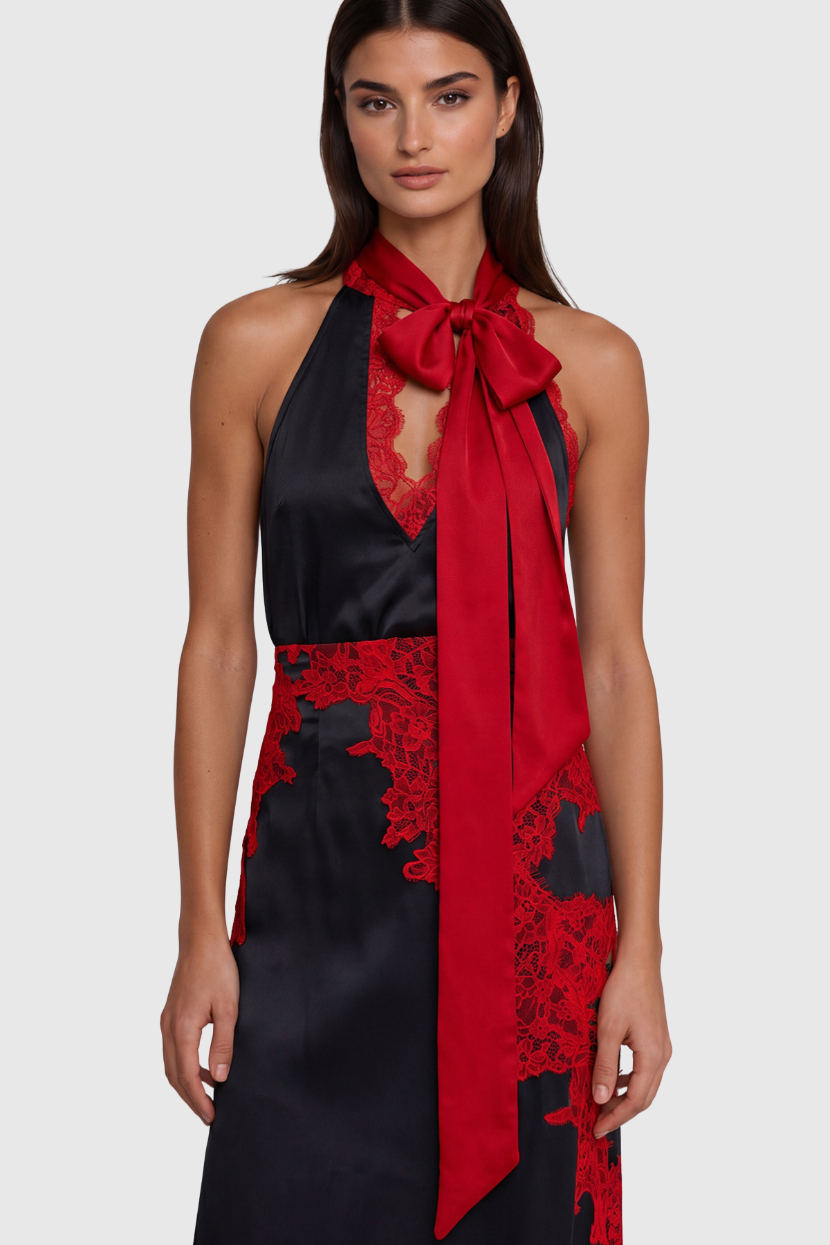 Coise Lace Halter Top & Midi Skirt Set - Red