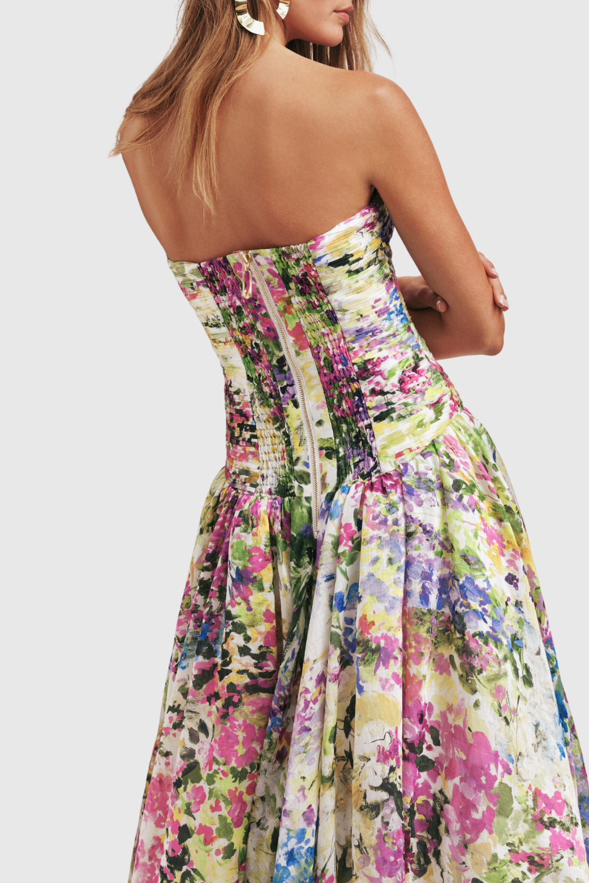 Coleka Floral Print Strapless Ruched Maxi Dress - Yellow