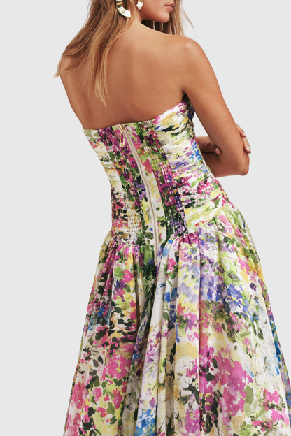 Coleka Floral Print Strapless Ruched Maxi Dress - Yellow