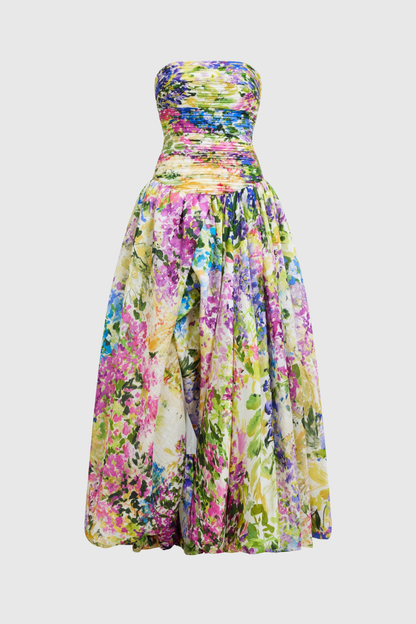 Coleka Floral Print Strapless Ruched Maxi Dress - Yellow