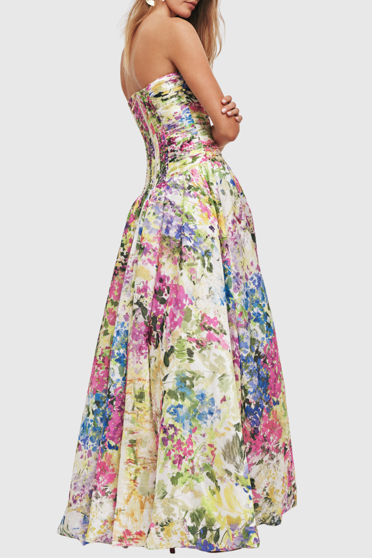 Coleka Floral Print Strapless Ruched Maxi Dress - Yellow