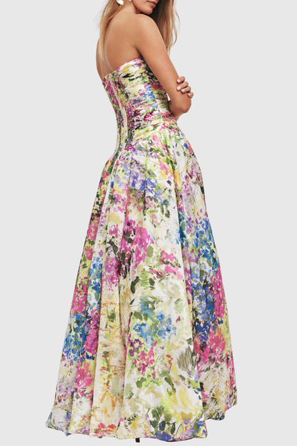 Coleka Floral Print Strapless Ruched Maxi Dress - Yellow