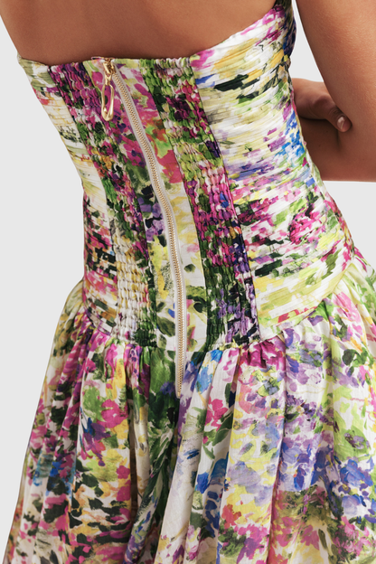 Coleka Floral Print Strapless Ruched Maxi Dress - Yellow