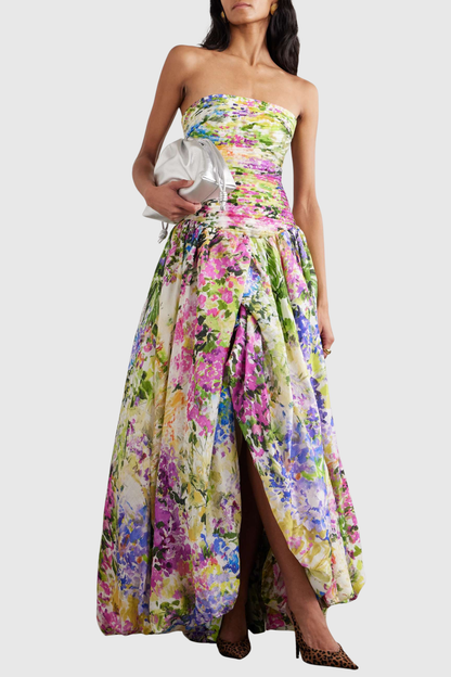 Coleka Floral Print Strapless Ruched Maxi Dress - Yellow