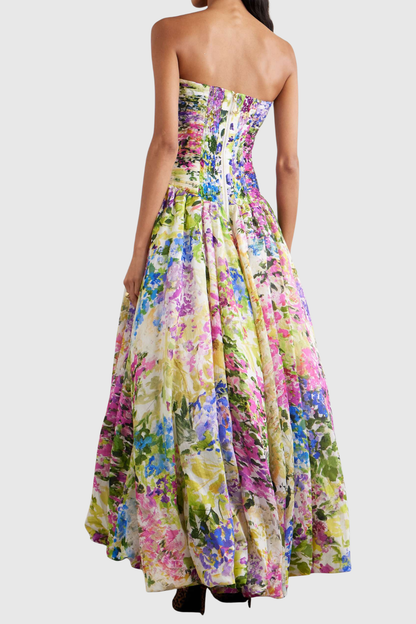 Coleka Floral Print Strapless Ruched Maxi Dress - Yellow