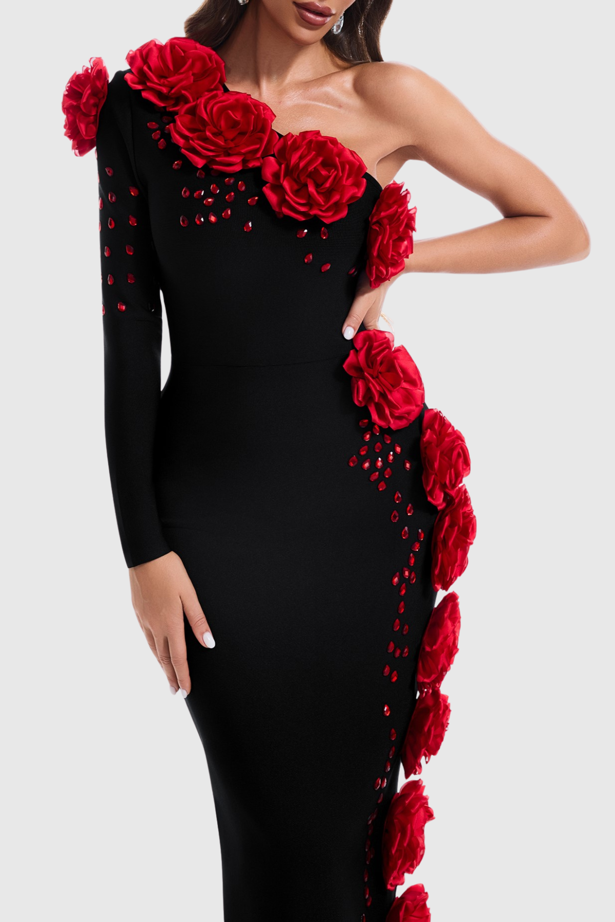 Conall Bandage 3D Flower One-Shoulder Maxi Dress