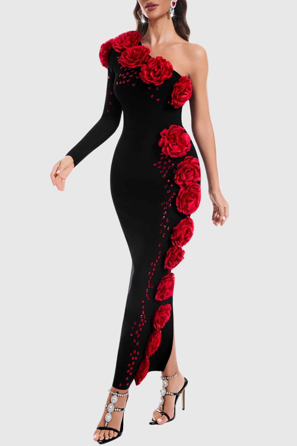Conall Bandage 3D Flower One-Shoulder Maxi Dress