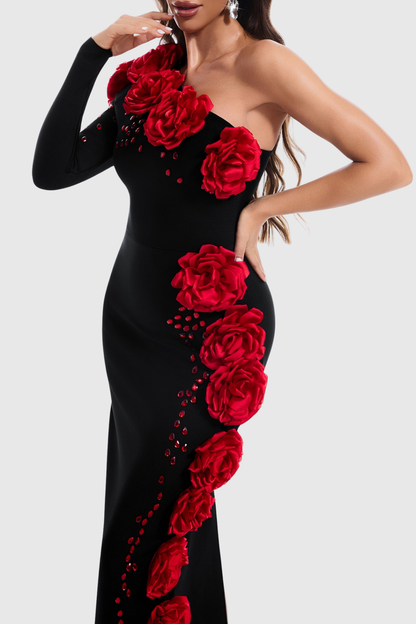 Conall Bandage 3D Flower One-Shoulder Maxi Dress