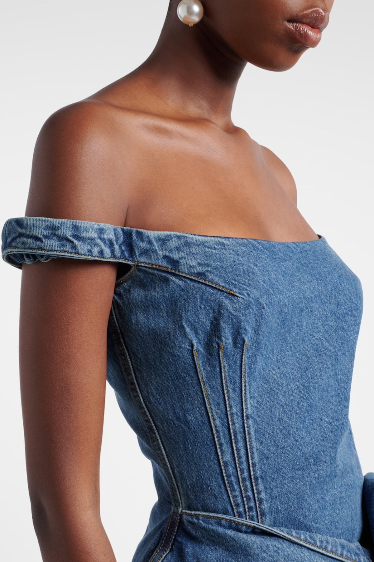 Corisana Off Shoulder Floral Denim Mini Dress