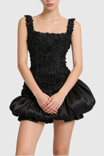 Cormao Floral Appliqué Puff Mini Dress - Black