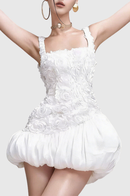 Cormao Floral Appliqué Puff Mini Dress - White