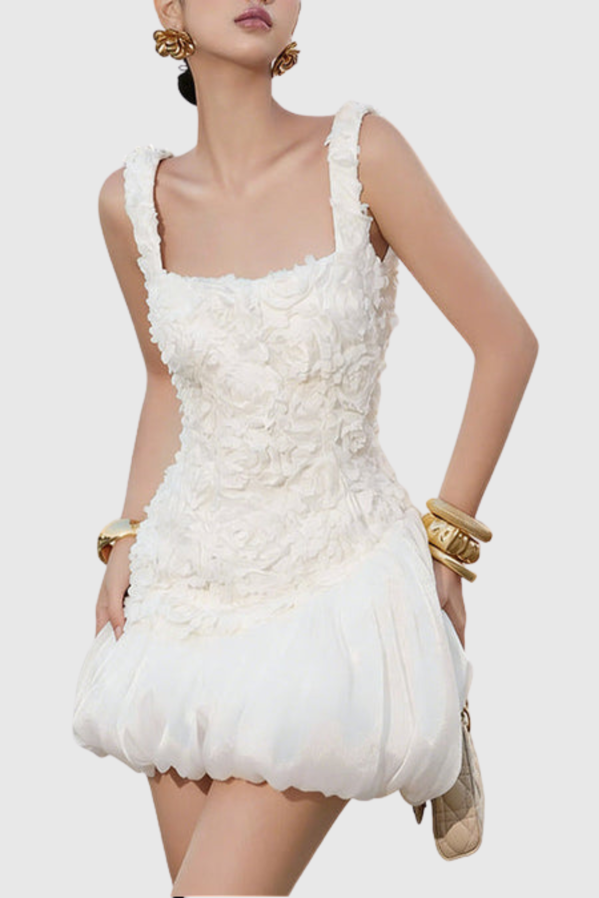 Cormao Floral Appliqué Puff Mini Dress - White