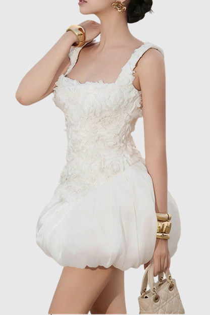 Cormao Floral Appliqué Puff Mini Dress - White