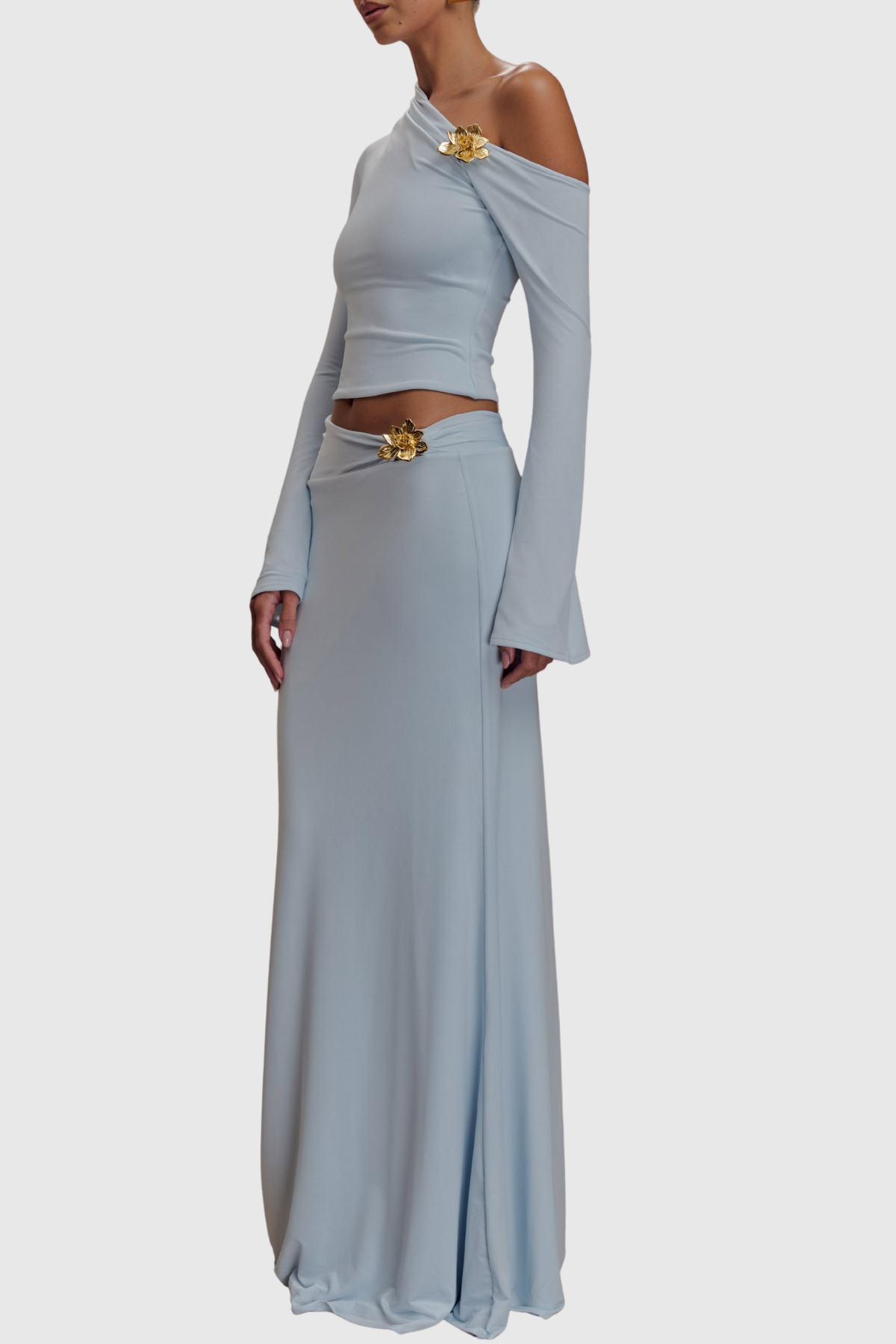 Cornela Floral Embellished Top & Maxi Skirt Set - Blue
