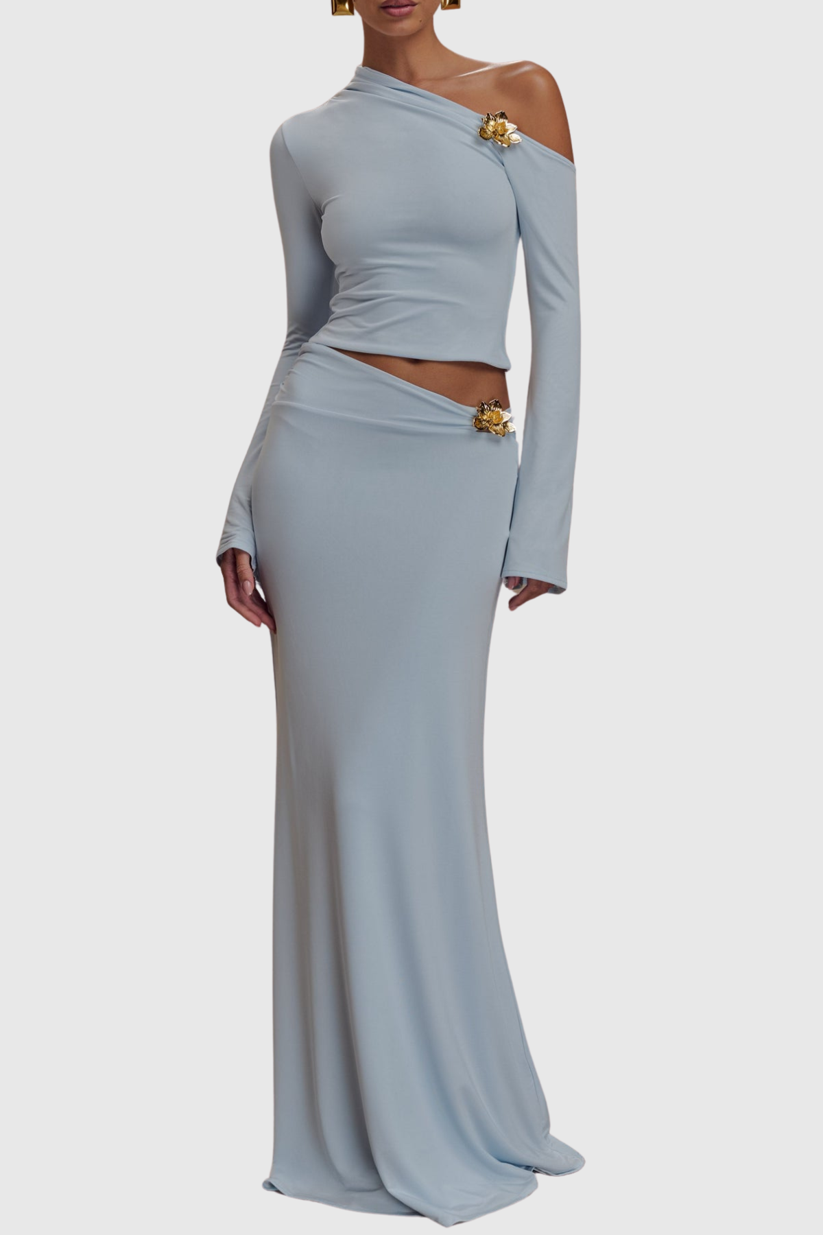 Cornela Floral Embellished Top & Maxi Skirt Set - Blue