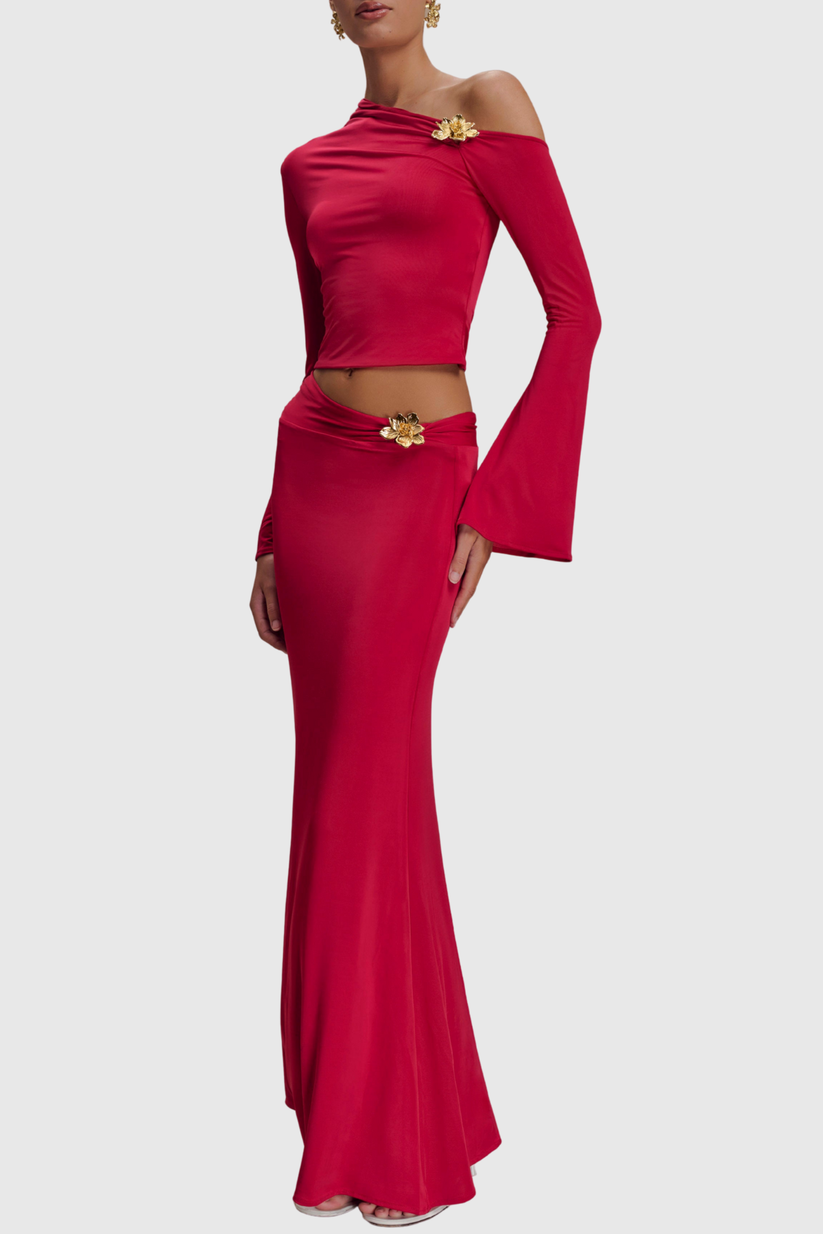 Cornela Floral Embellished Top & Maxi Skirt Set - Red