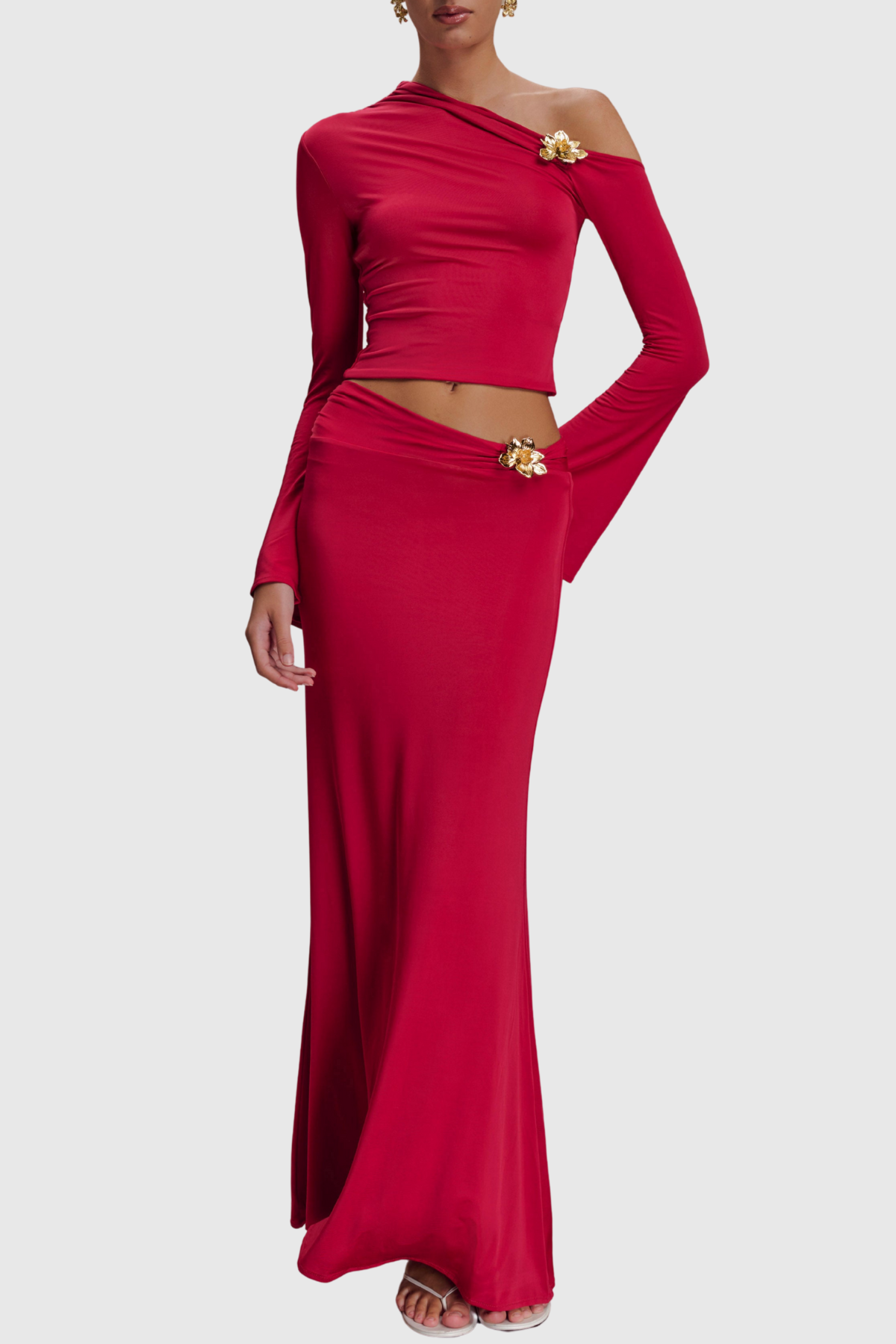 Cornela Floral Embellished Top & Maxi Skirt Set - Red