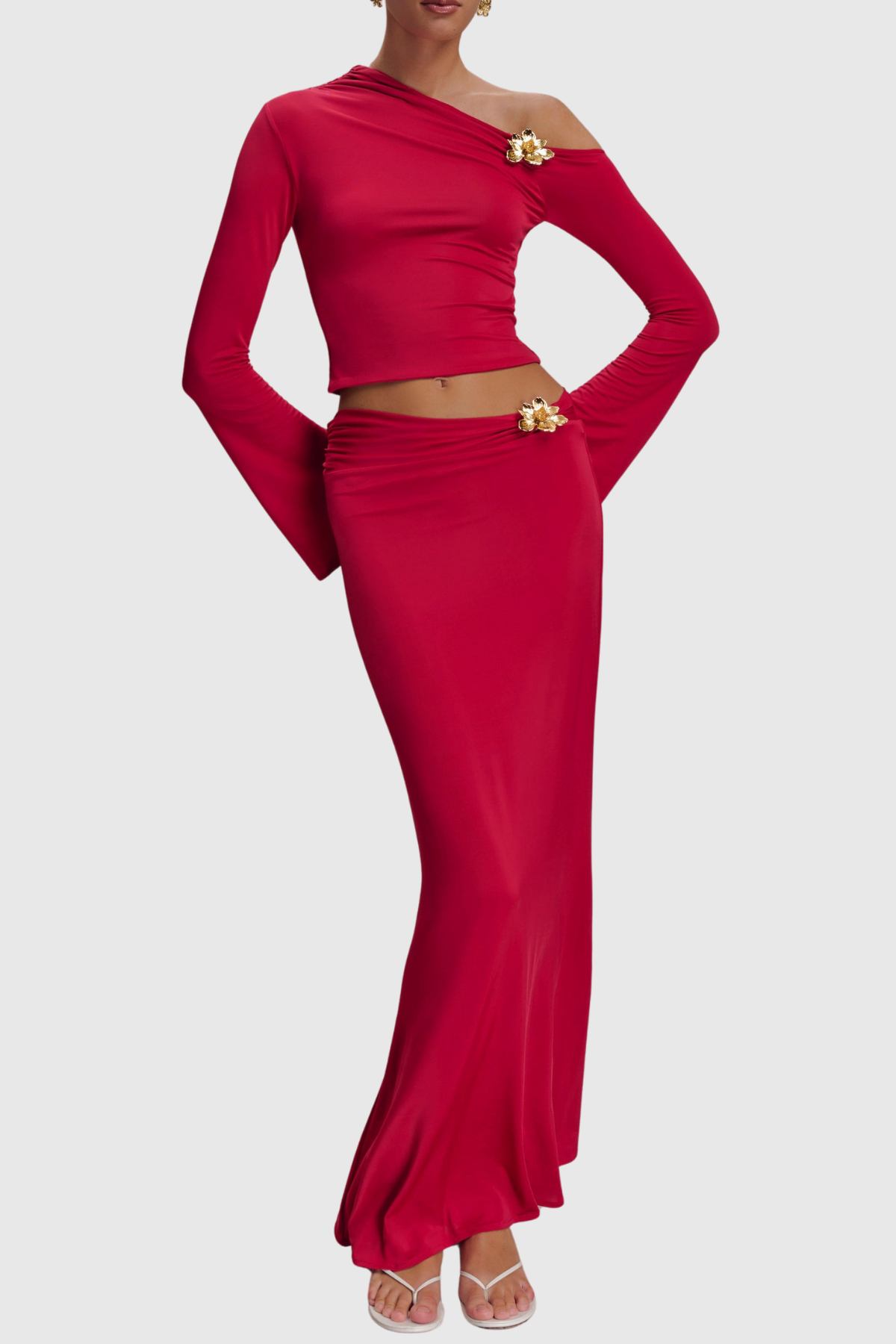 Cornela Floral Embellished Top & Maxi Skirt Set - Red