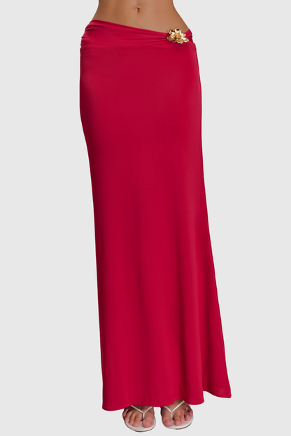 Cornela Floral Embellished Top & Maxi Skirt Set - Red