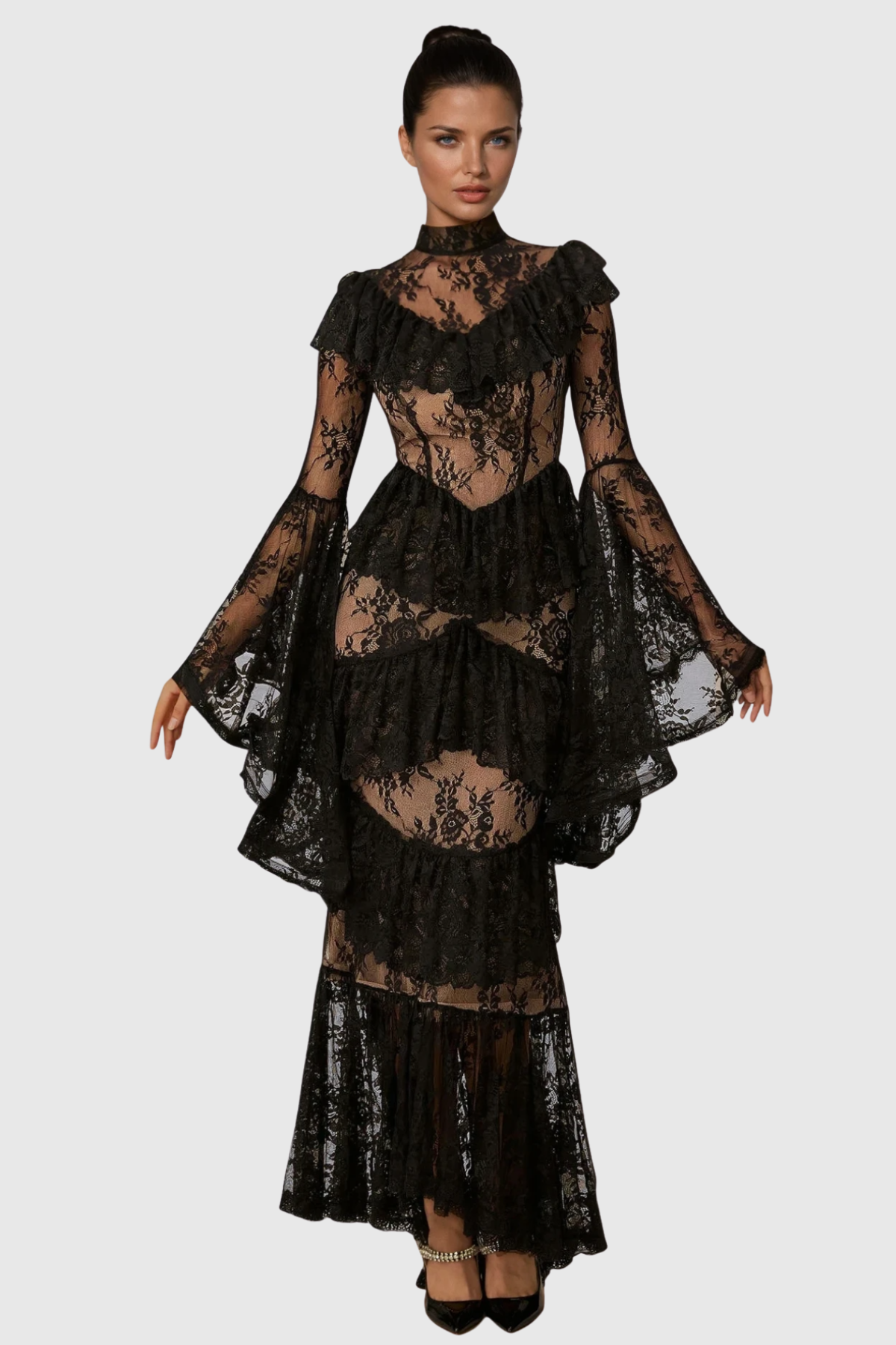 Coveie Lace Ruffle Maxi Dress - Black