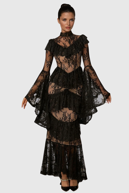 Coveie Lace Ruffle Maxi Dress - Black
