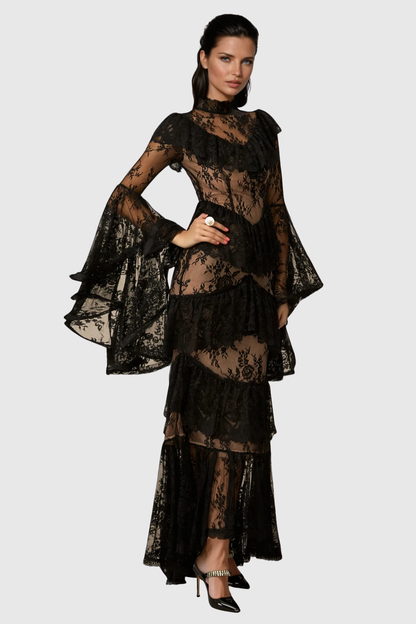 Coveie Lace Ruffle Maxi Dress - Black