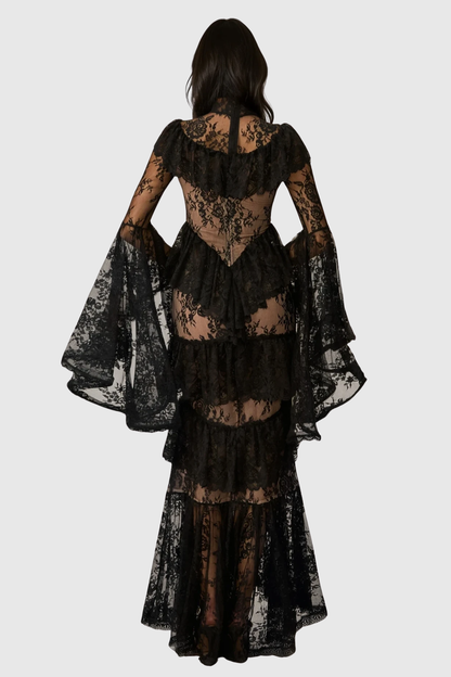 Coveie Lace Ruffle Maxi Dress - Black
