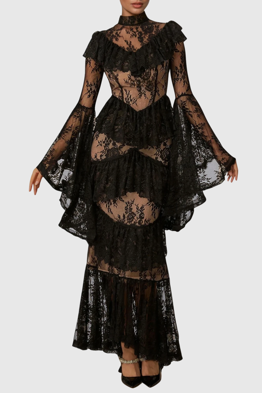 Coveie Lace Ruffle Maxi Dress - Black